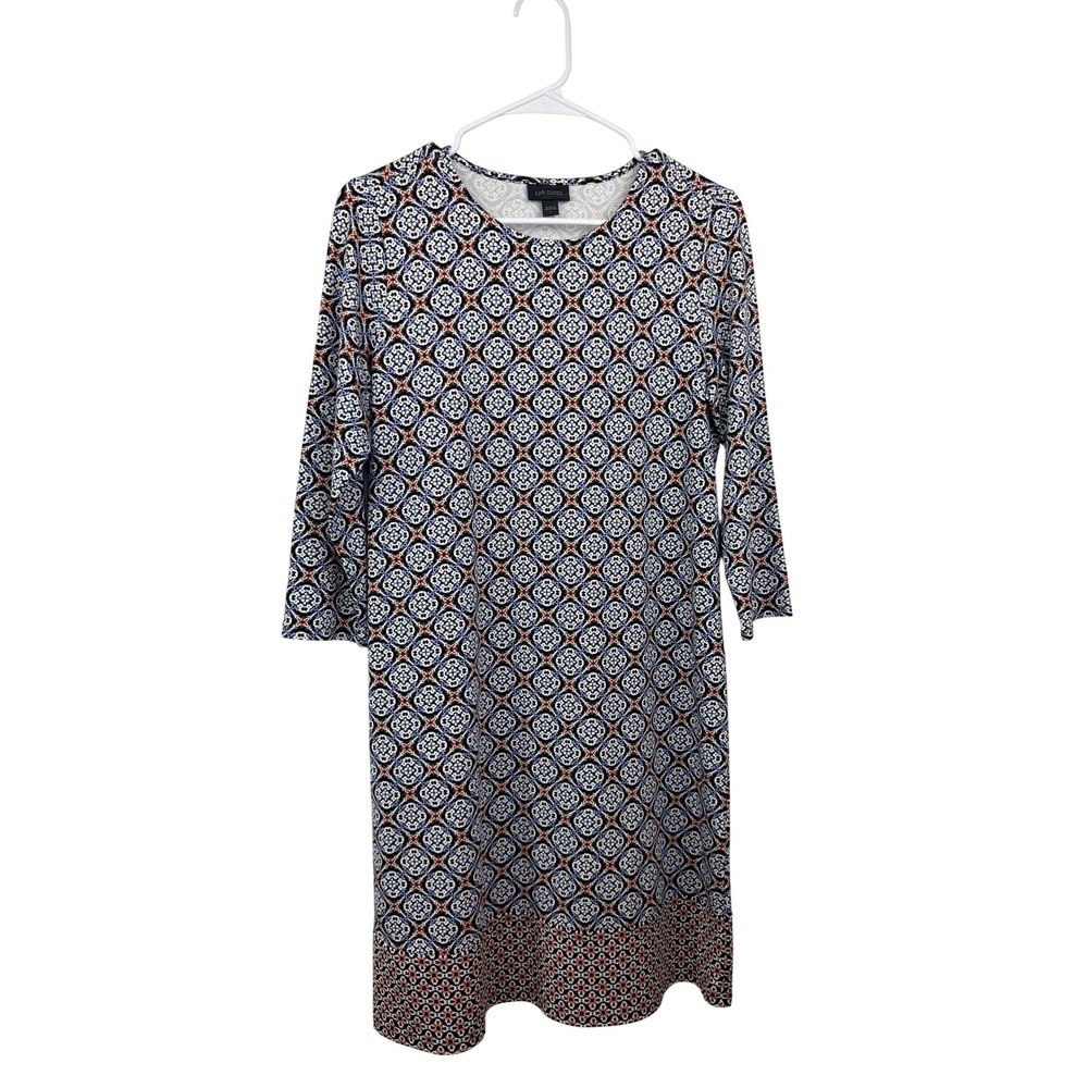 J. Jill Wearever Blue Orange Geometric Tile Print 3/4 Sleeve Shift Dress Small